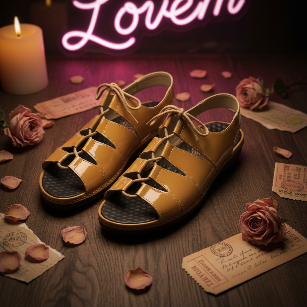 The Sunkissed Strapper — Rieker Anti-Stress Mustard Patent Lace-Up Sandals