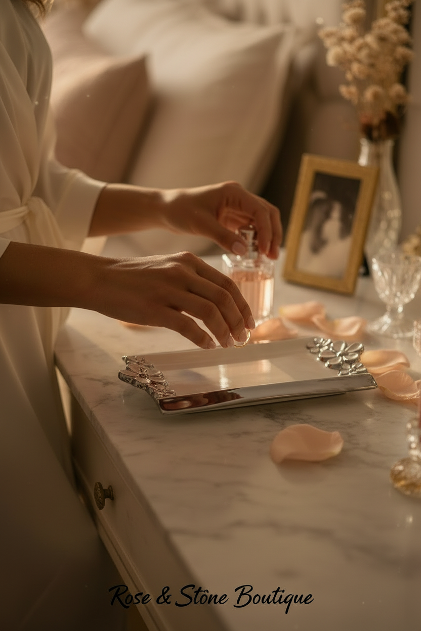Verdici Design ceramic floral tray styled on a vanity with gold rings and perfume bottle