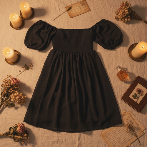 Dusk Spell Off-Shoulder Smocked Puff Sleeve Mini Dress — Black