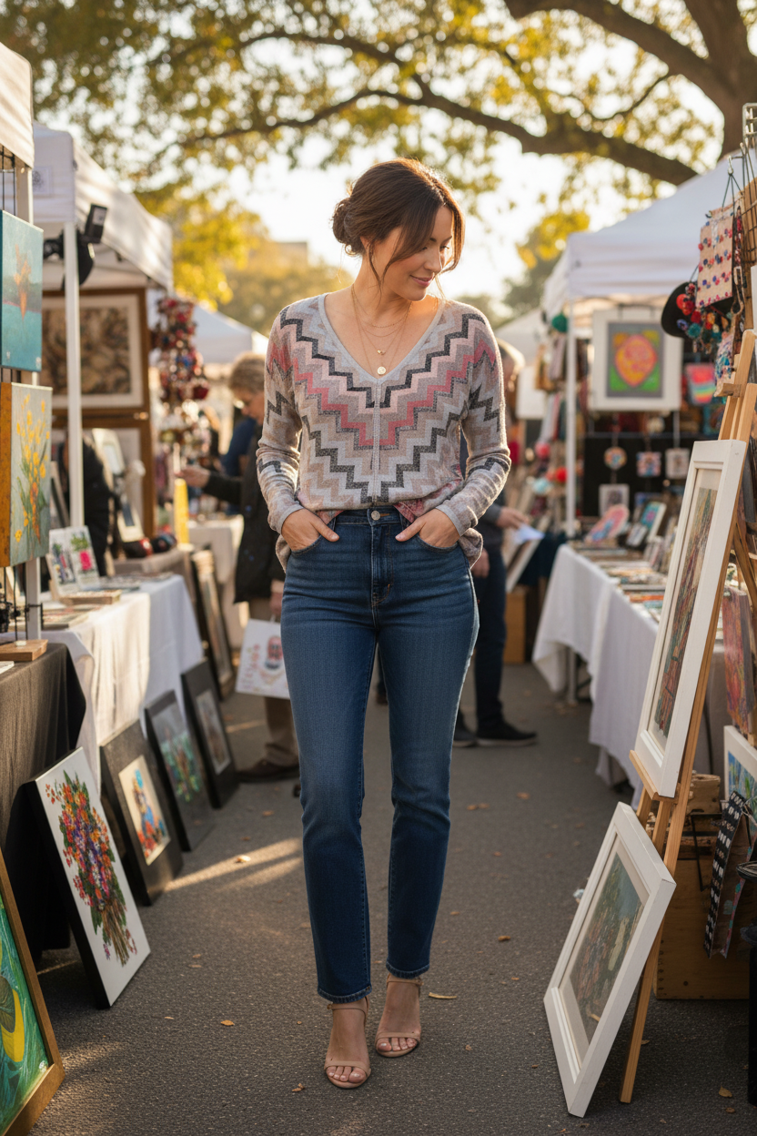 Size large model in her 30s wearing WHBM metallic chevron sweater blouse at weekend art market