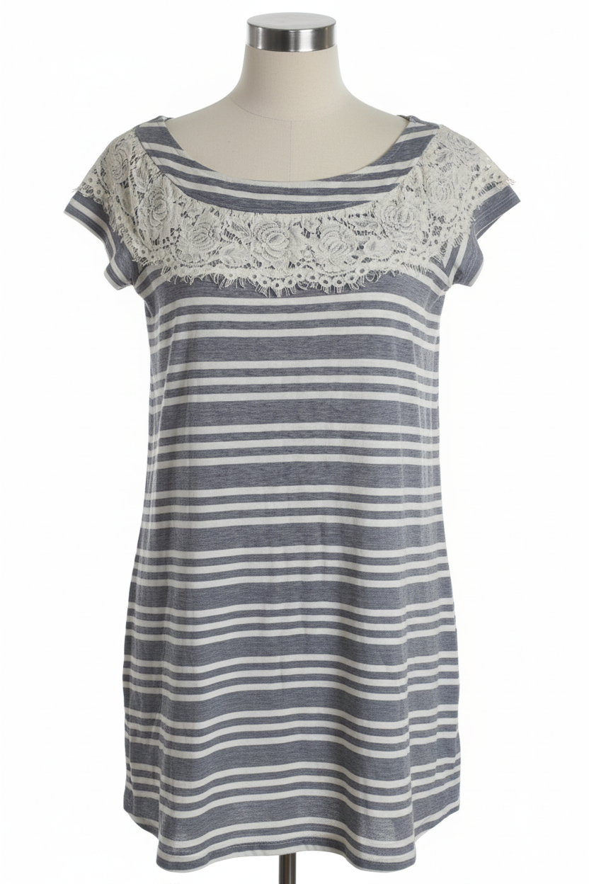 Doe & Rae grey stripe lace yoke top on mannequin white background