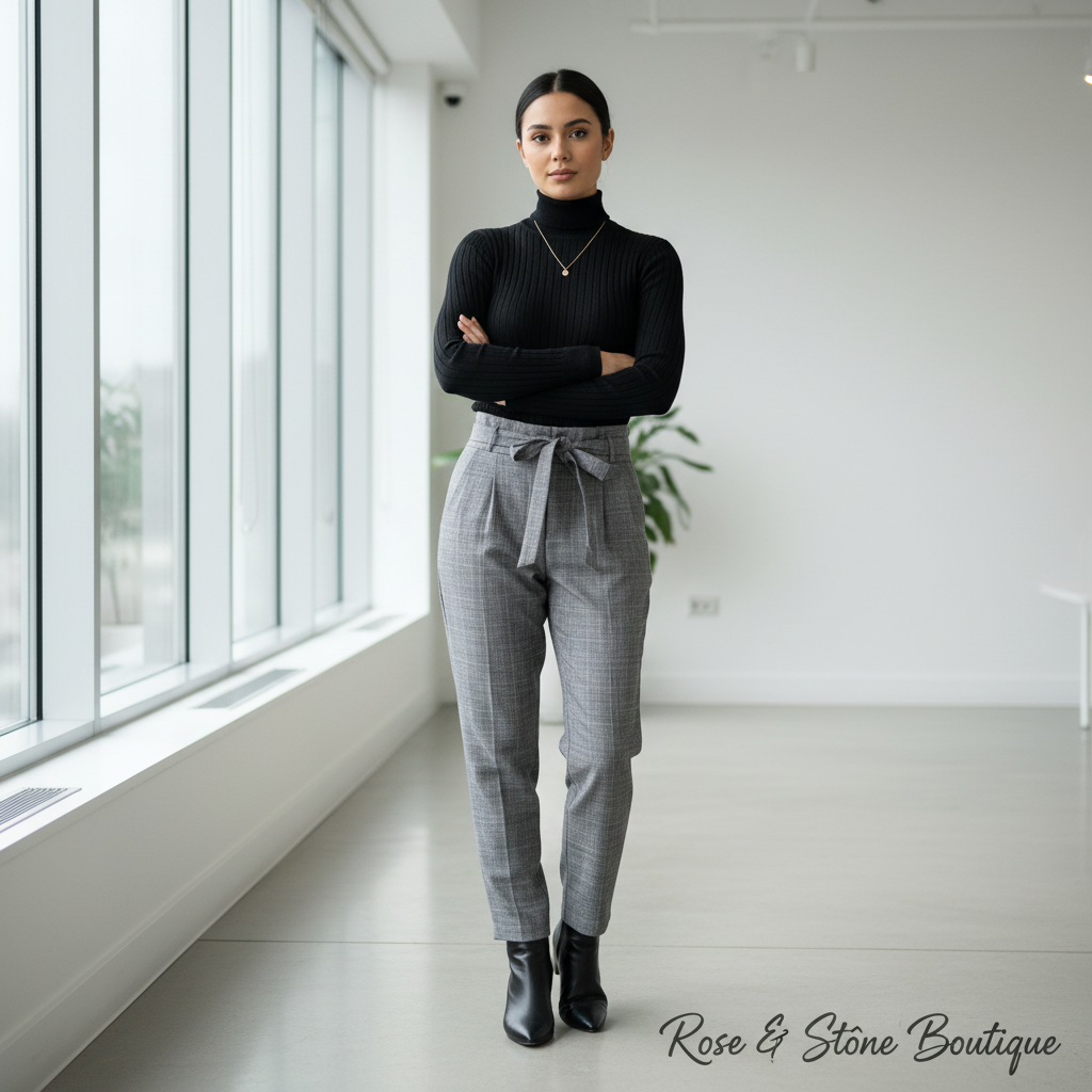 Model wearing grey glen plaid paperbag trousers with black turtleneck and ankle boots in minimalist office