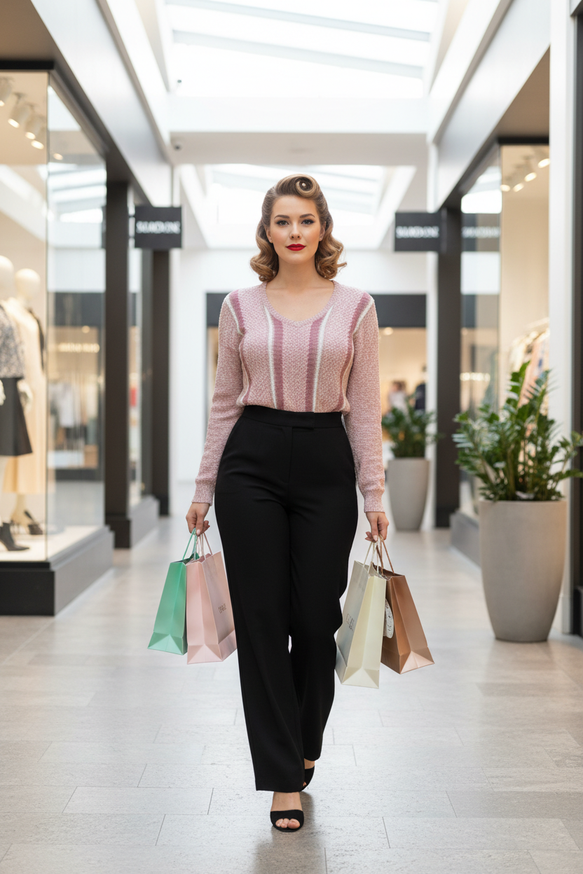 Pin-up style model wearing blush metallic knit sweater on boutique shopping street