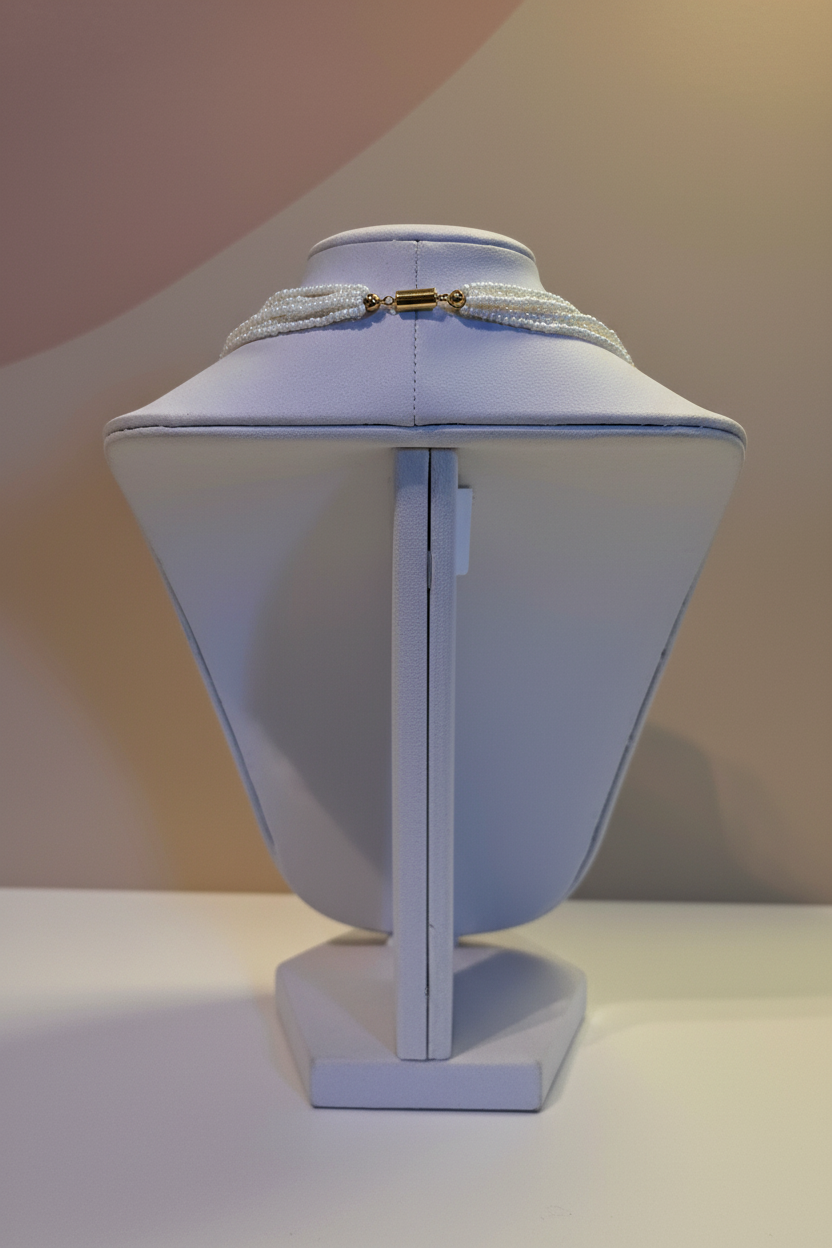 Multi-strand white seed bead necklace with faux pearl accents on white velvet bust, Rose & Stōne Boutique