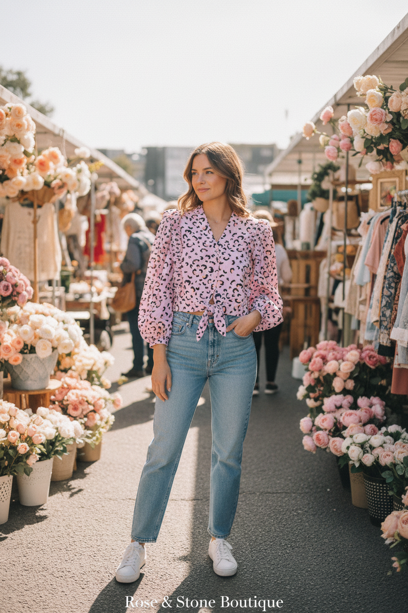Model in her 20s wearing The Wild Bloom Blouse at a weekend market