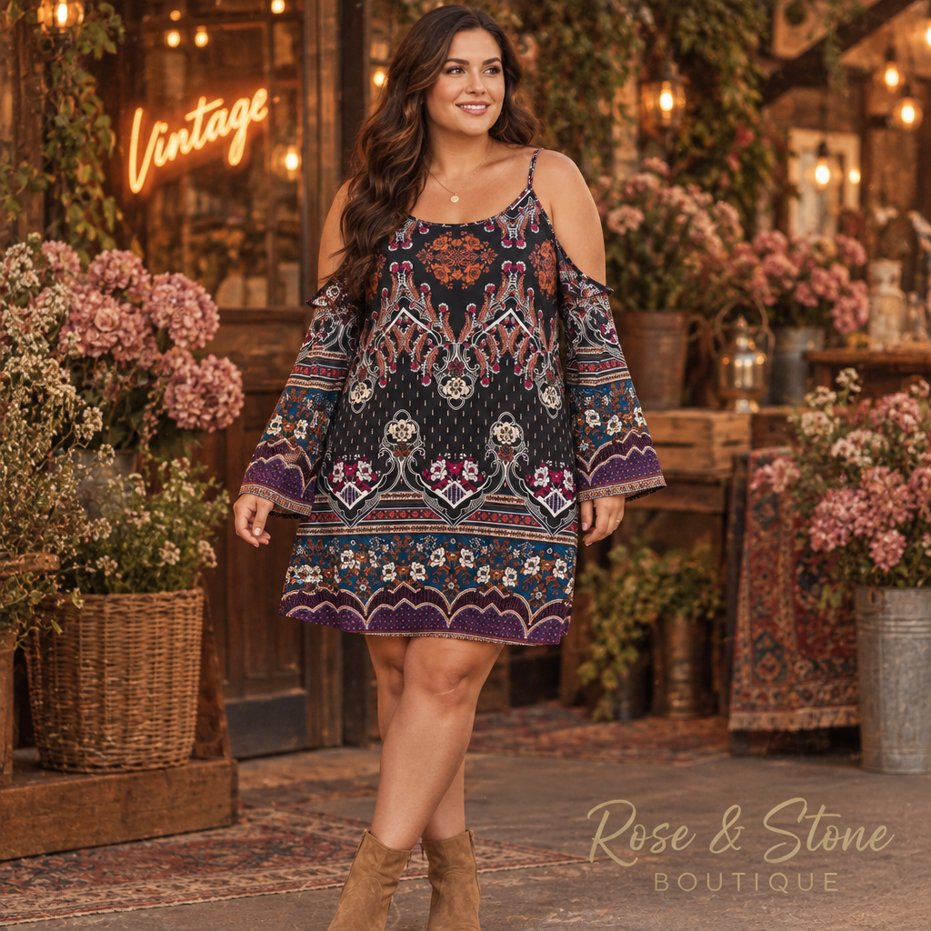 Venus size L boho medallion cold-shoulder mini dress with original neckline and wrist-length flutter sleeves styled for market day