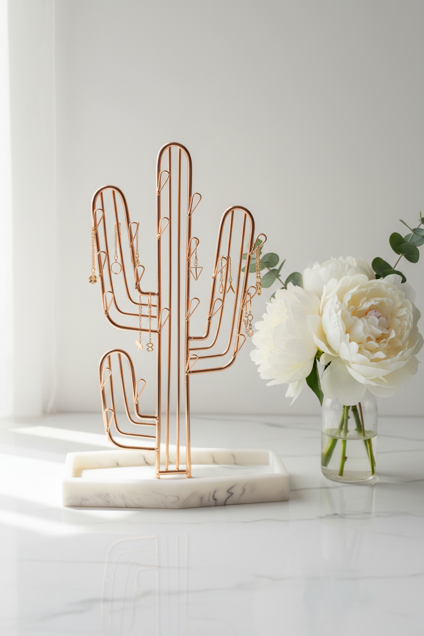 Rose gold wire cactus jewelry holder on white marble with peonies and eucalyptus