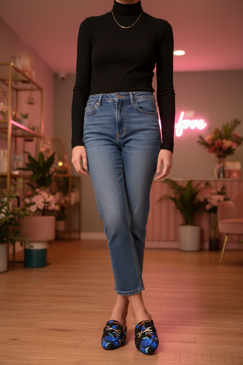 Midnight Garden Embroidered Mule Loafers – model wearing straight-leg jeans and turtleneck