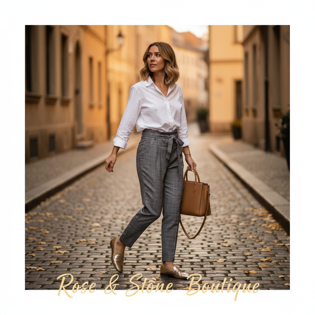 Model wearing grey glen plaid paperbag trousers with white button-down and gold loafers on European cobblestone street