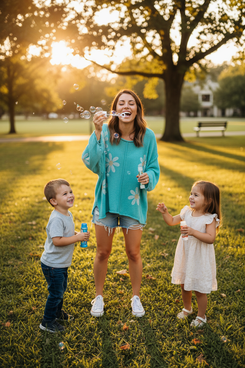 Small size model wearing POL turquoise daisy sweater playing with children