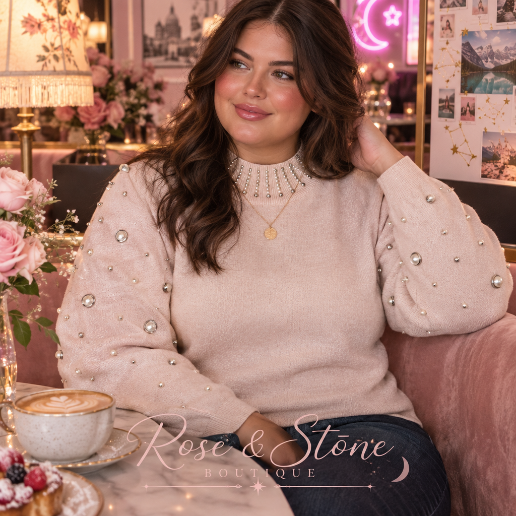 Pearl Afterglow Embellished Mock-Neck Sweater