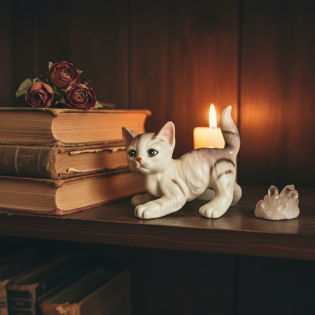 Vintage Japanese porcelain tabby kitten figurine styled on a moody dark shelf with dried roses, books, and crystal