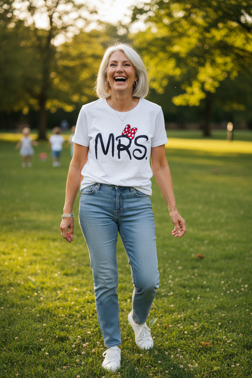 Model in her 60s wearing BEGIN MRS Minnie Mouse tee laughing in sunny park