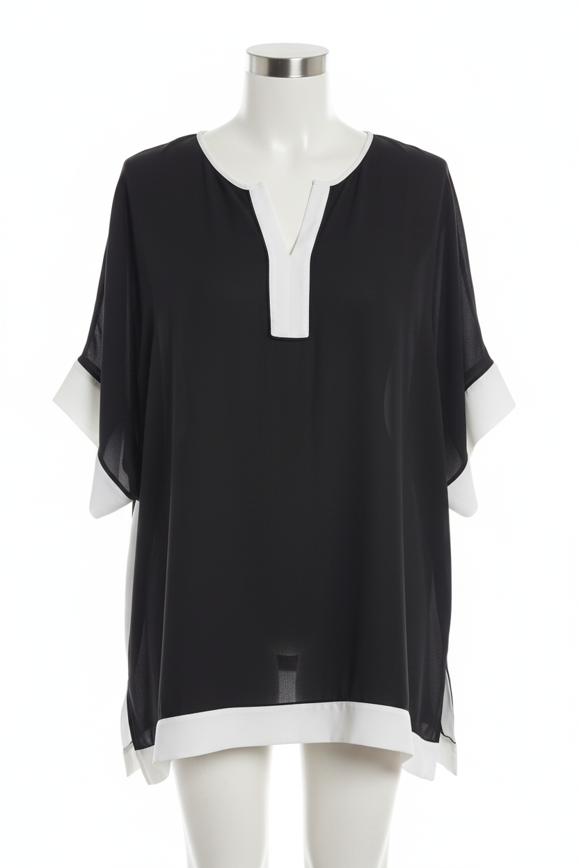 Nygård black white colour-block blouse on mannequin white background