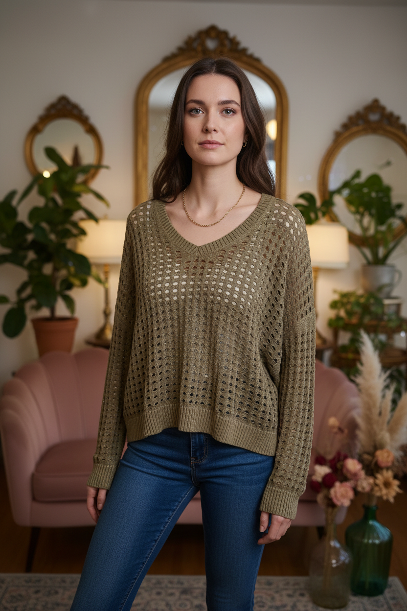 Gilded Shadows Open-Weave Pullover