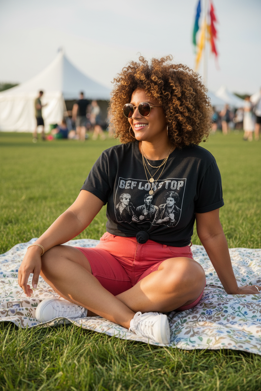 Curvy model at summer festival wearing GAP paprika high-rise denim shorts styled with vintage band tee and white sneakers