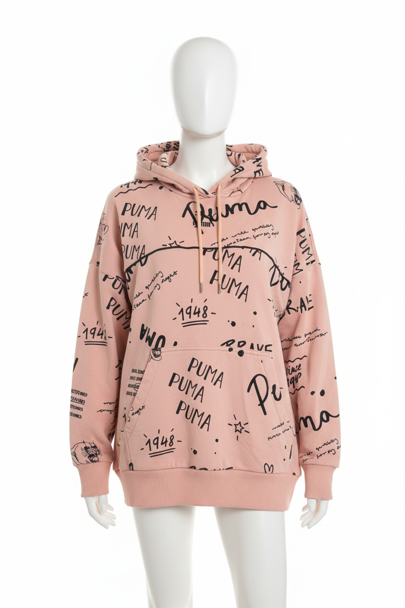 Puma blush pink all-over print hoodie on mannequin white background