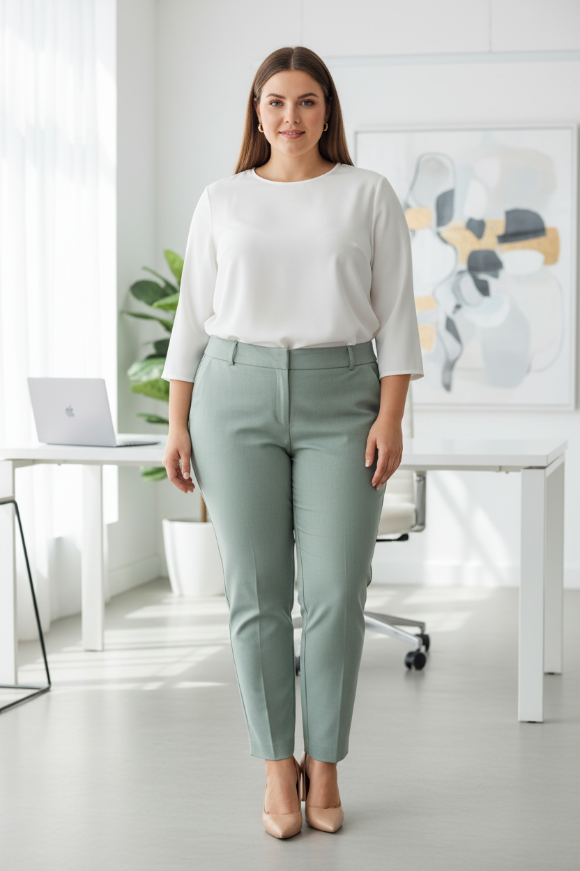 Size 12 model wearing sage mint trousers with white blouse in office setting