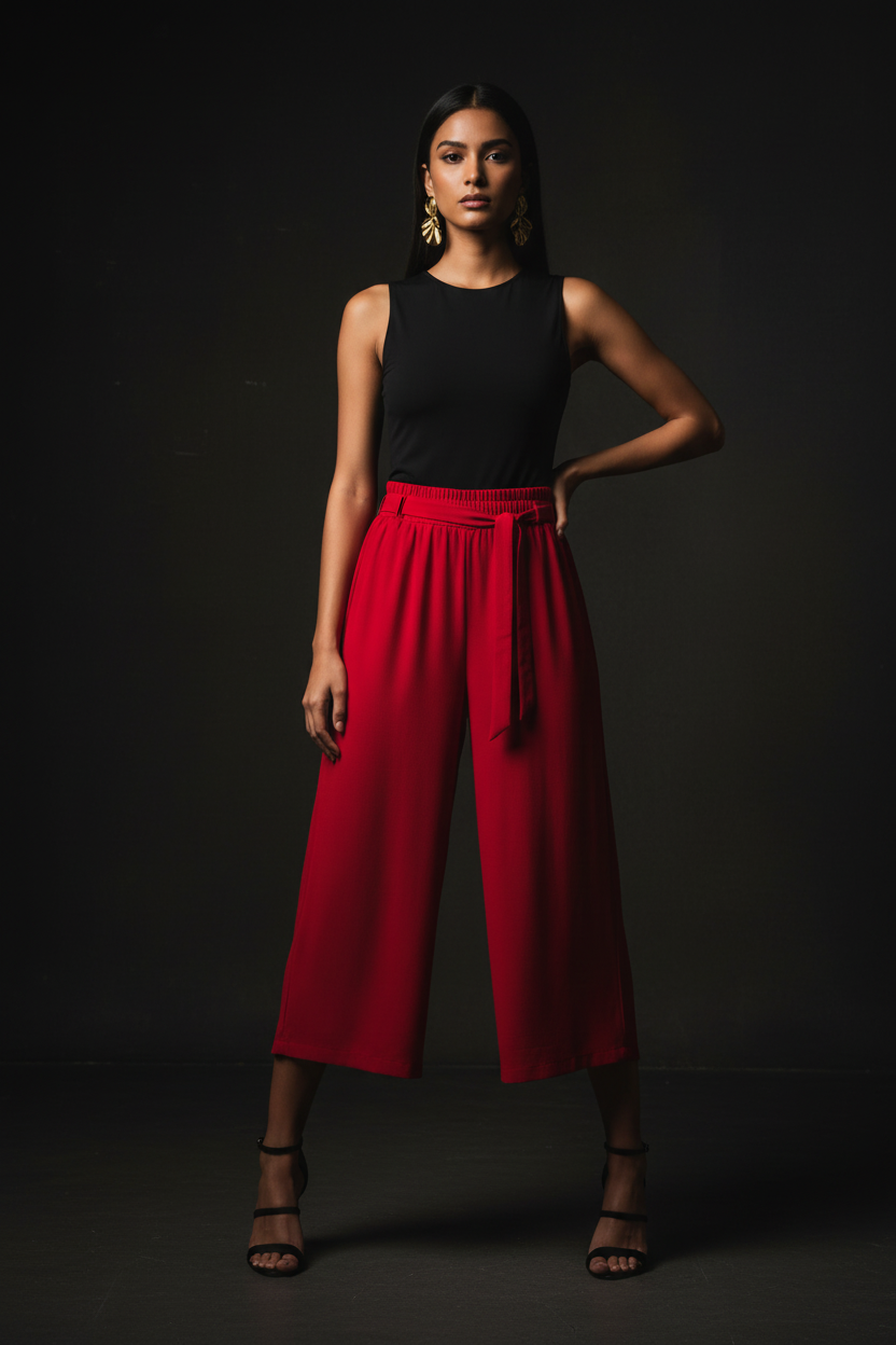 Noir editorial styling — red palazzo capri with black bodysuit and strappy heels