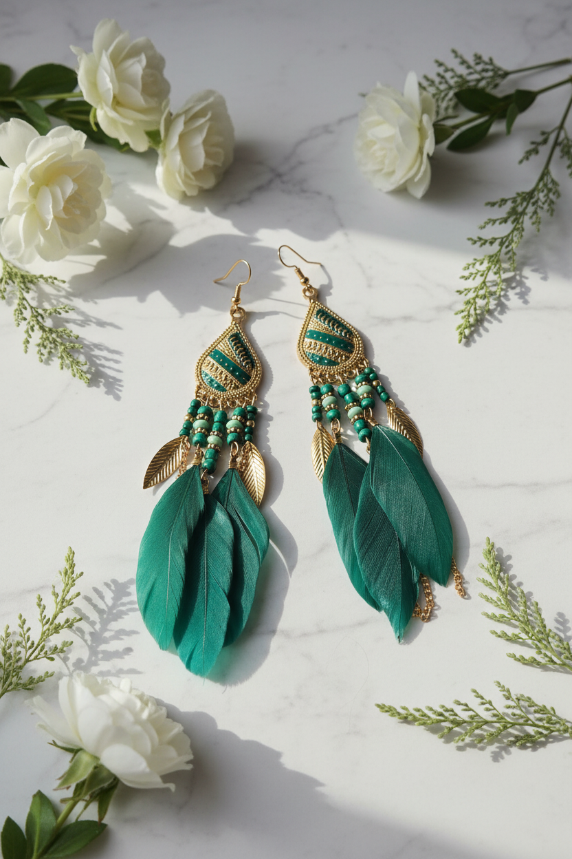 Emerald feather earrings on white marble with fresh flowers