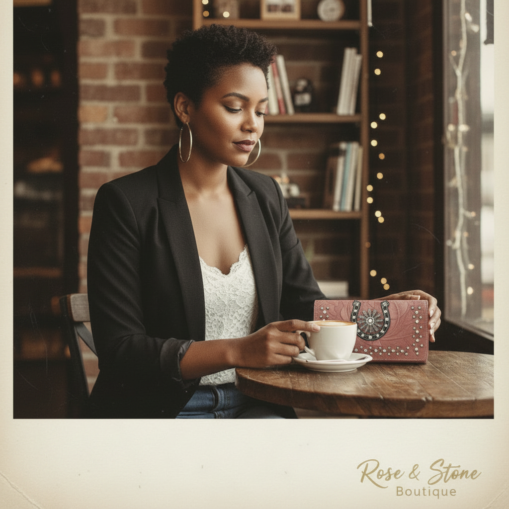 Model placing the Dusty Trail Wallet on a café table