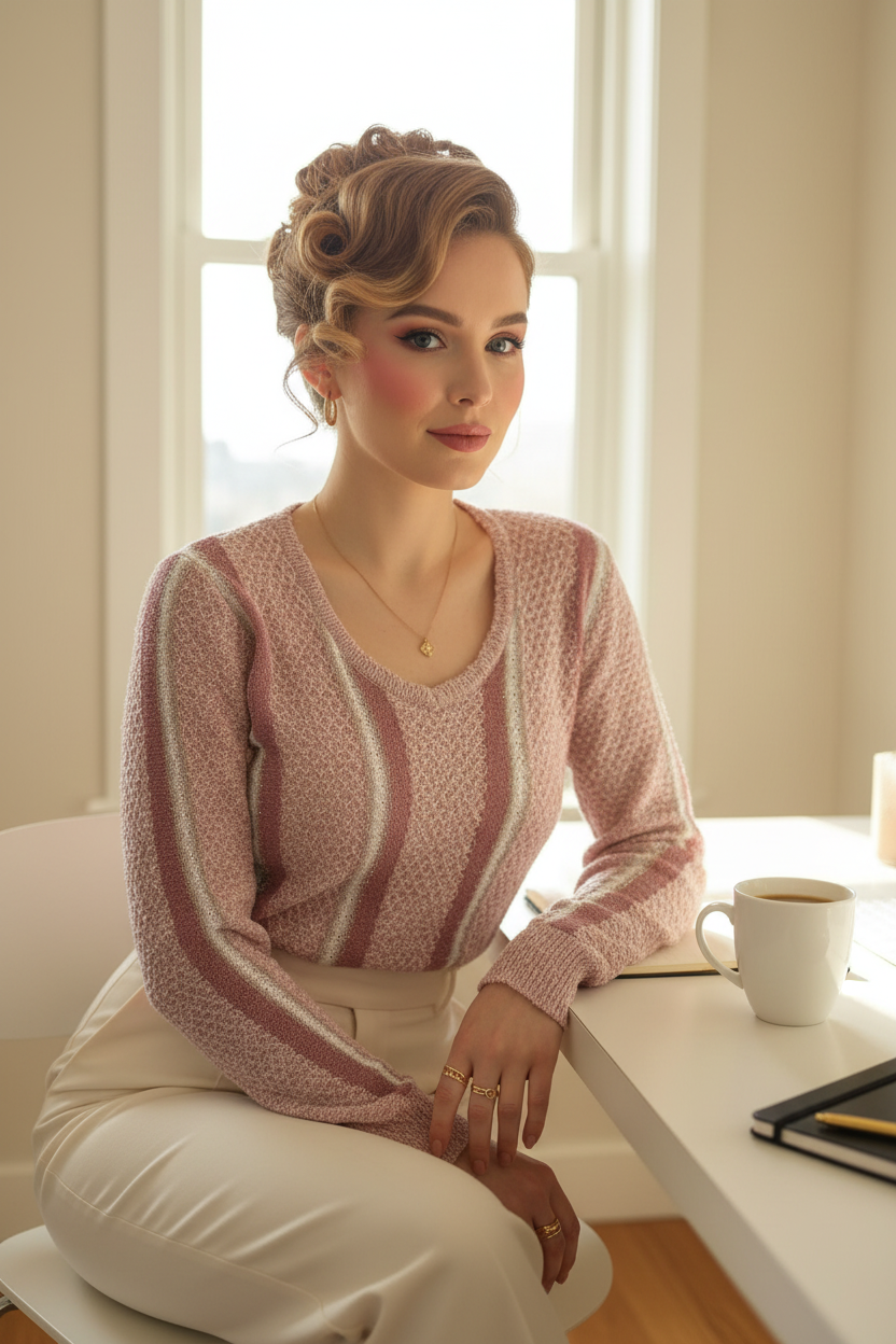 Vintage glam model wearing blush metallic knit sweater at modern office