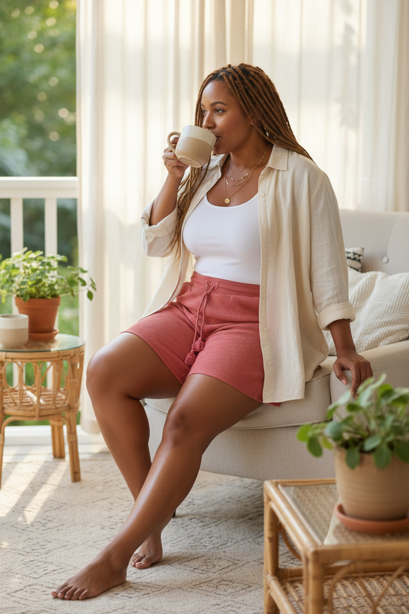 Curvy model at home wearing Joe Fresh coral knit shorts styled with oversized linen shirt and gold necklaces