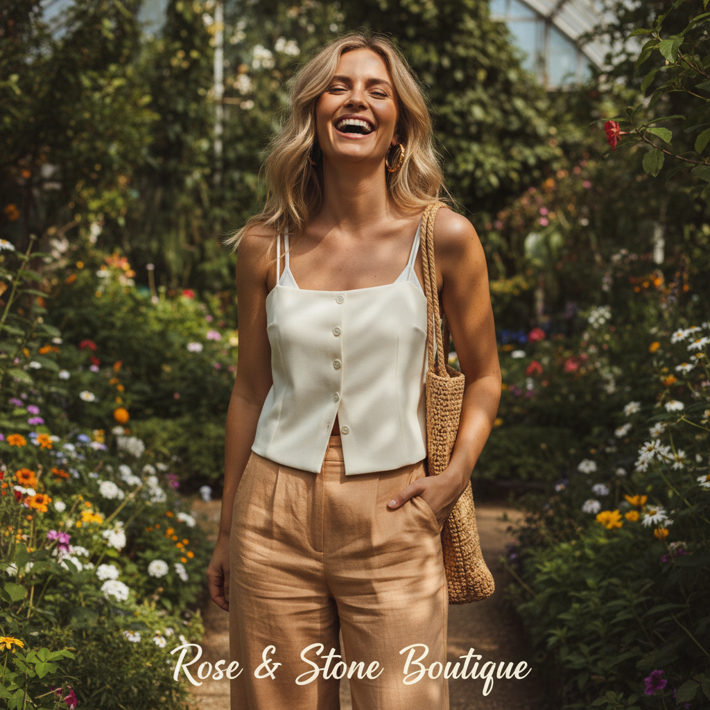 Model wearing ivory button-front cami open over bralette with wide-leg linen trousers in botanical garden