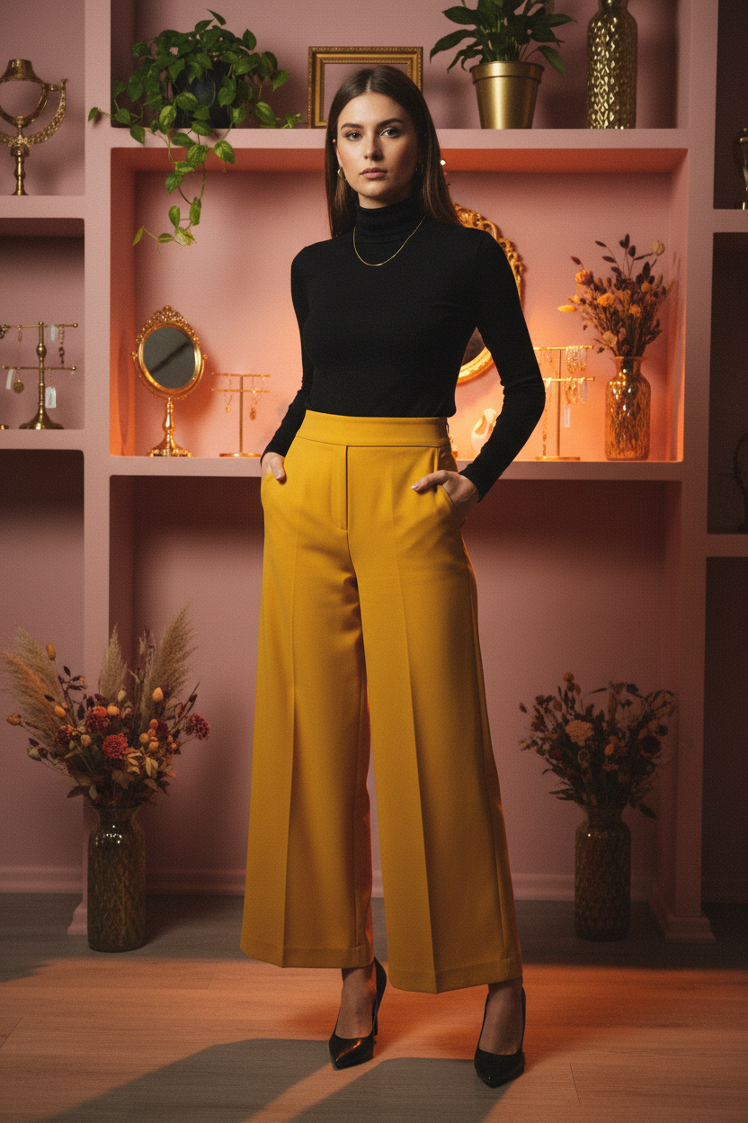 The Golden Hour Wide-Leg Trouser - boutique model shot showing ankle-length mustard gold wide-leg trousers