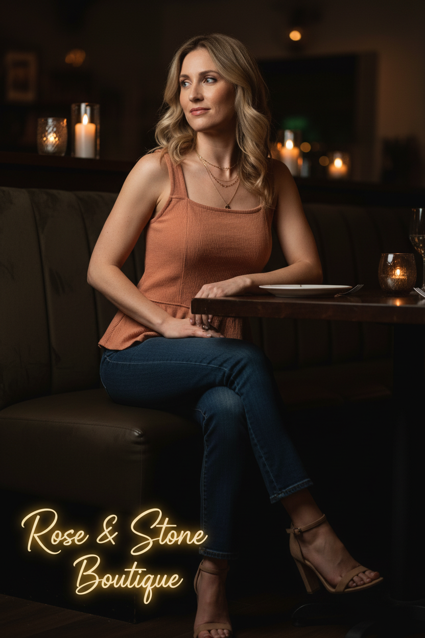 Kismet Peach Crinkle Crossback Peplum Tank — date night lifestyle, model 30s