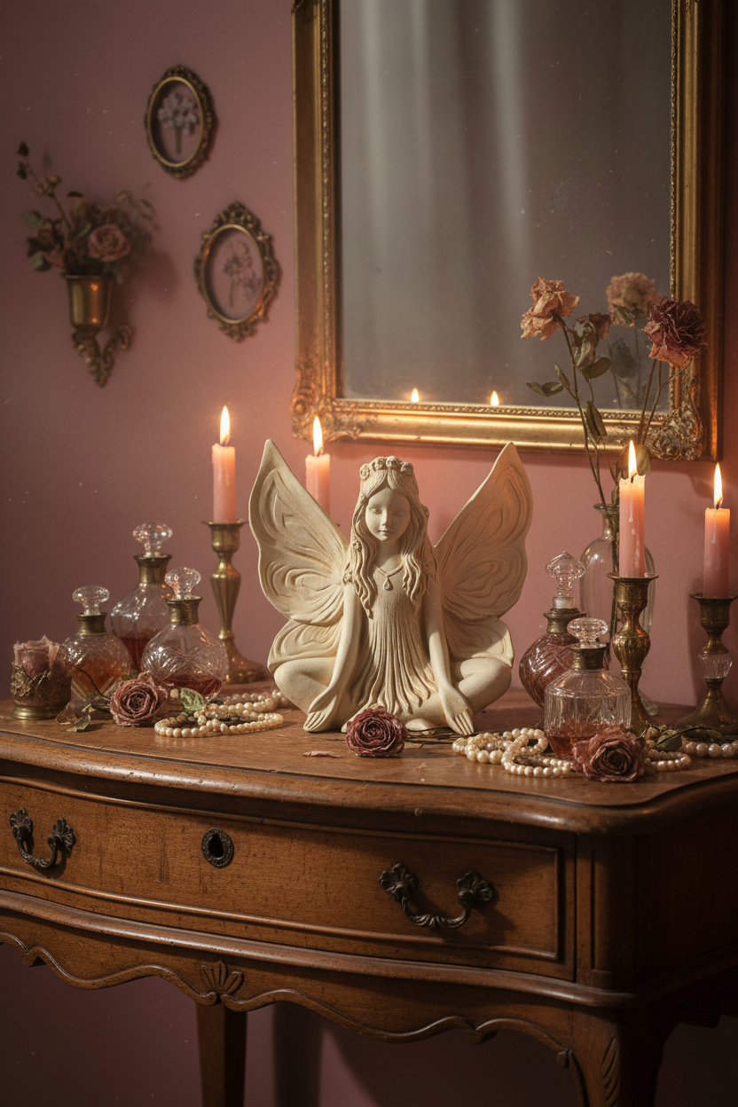 Cream ceramic fairy figurine on a vintage dressing table with perfume bottles and roses