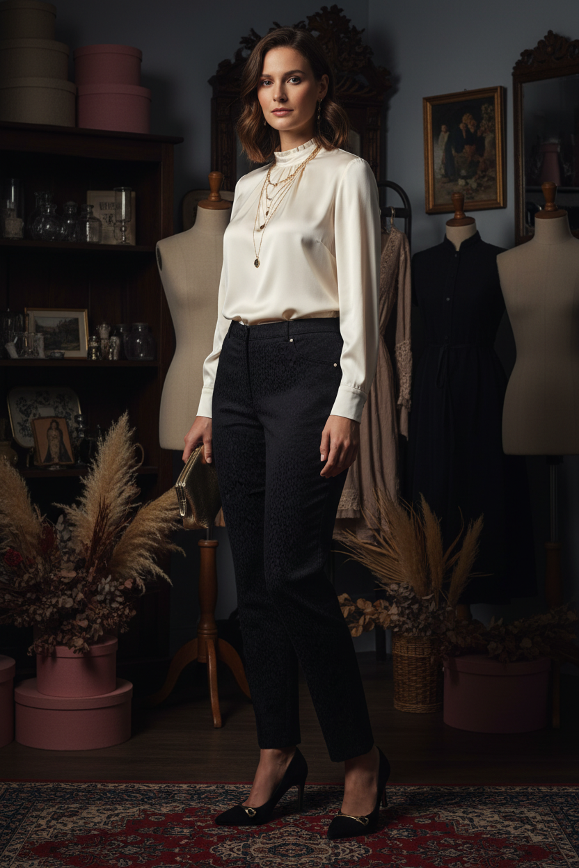 Noir Jacquard Tailored Pants - Styled Model Three-Quarter View