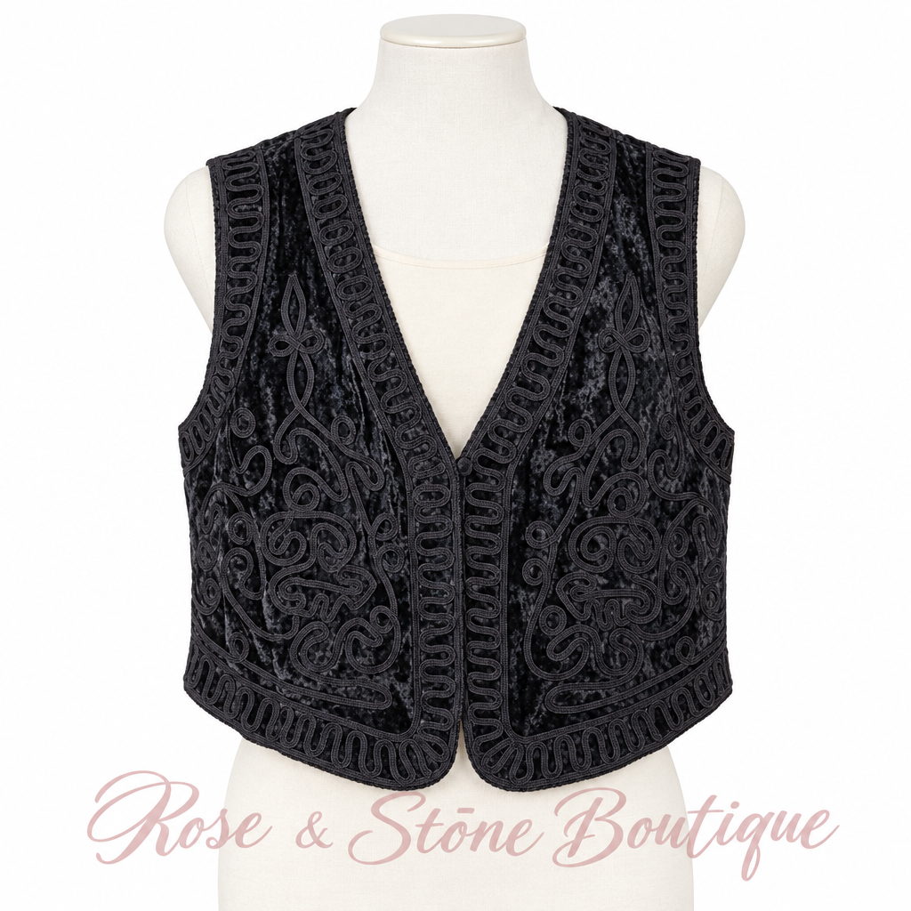 Cotton Ginny Plus black velvet soutache vest on a white mannequin