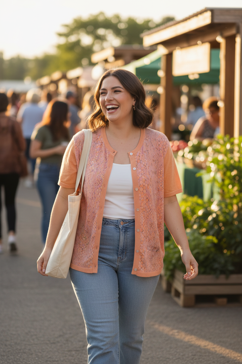 Model 20s — farmers market, worn open over camisole and denim
