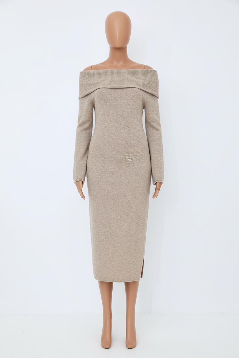 Ethereal Taupe Off-Shoulder Sweater Dress