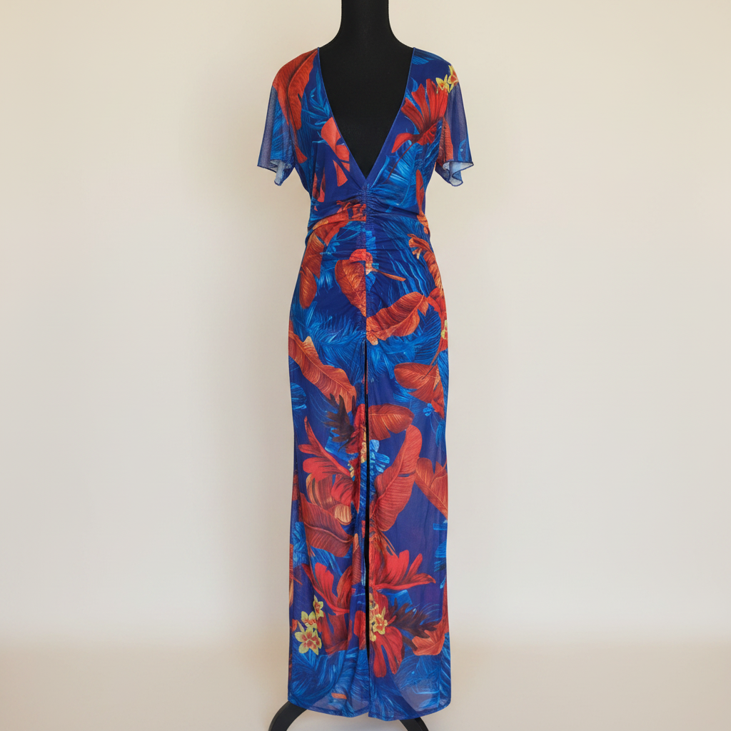Tropicana Cobalt Ruched Maxi Cover-Up Dress — XL