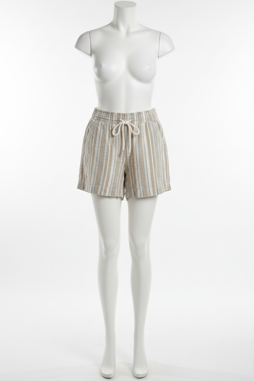 Briggs New York striped linen shorts on mannequin, clean white background