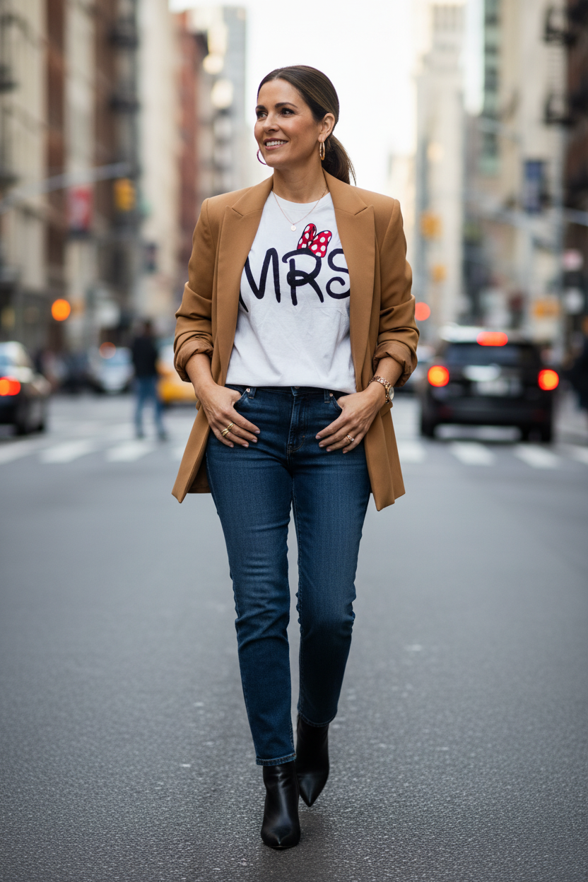 Model in her 40s wearing BEGIN MRS Minnie Mouse tee with camel blazer on city street