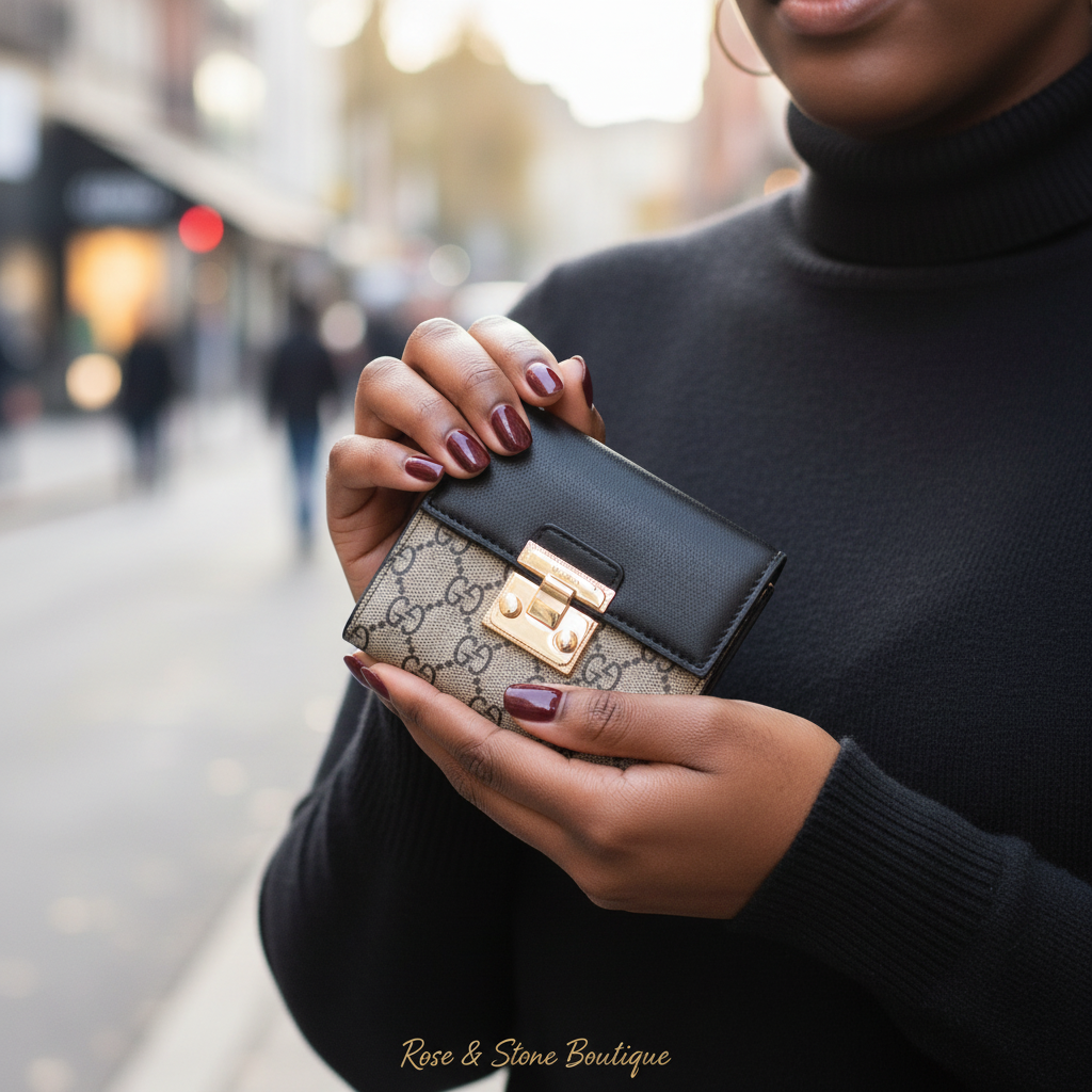 GG-style compact wallet — close-up hands holding wallet, city street