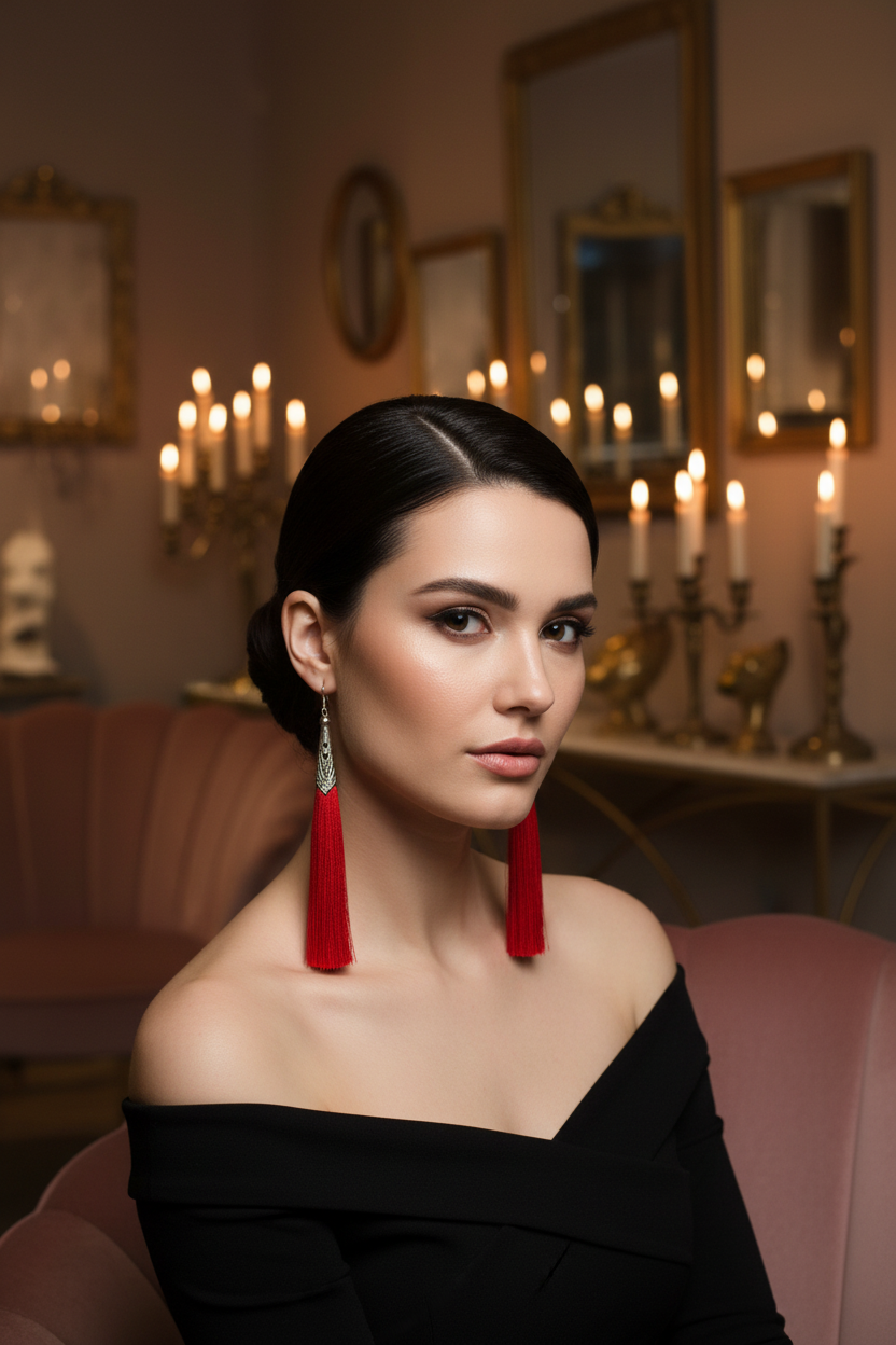 Model wearing small red tassel earrings in moody boutique setting