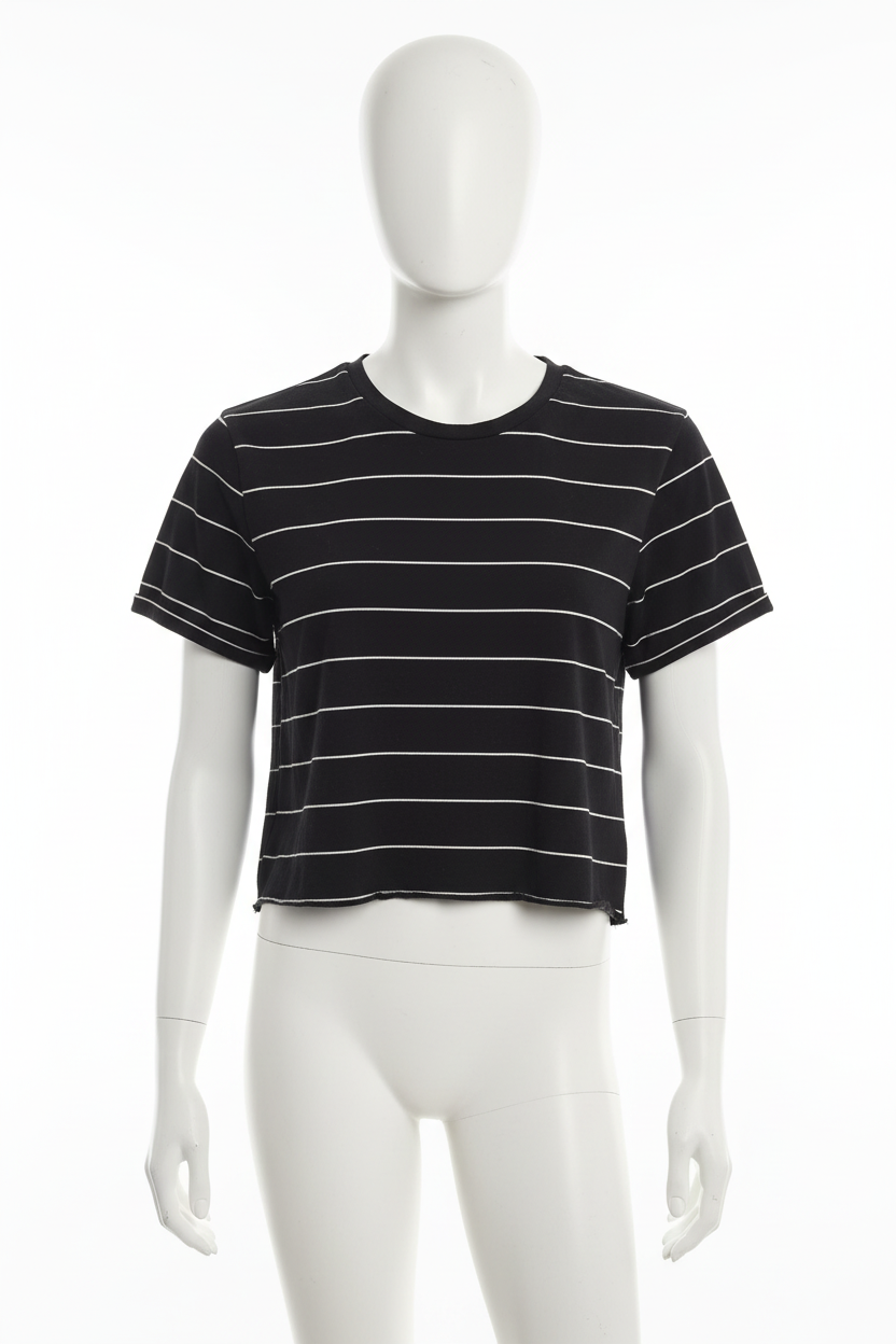 Organic Generation black white striped crop tee on mannequin white background