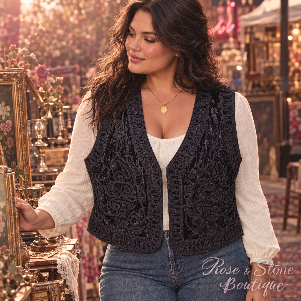 Black velvet soutache vest styled with a cream blouse at an antique market
