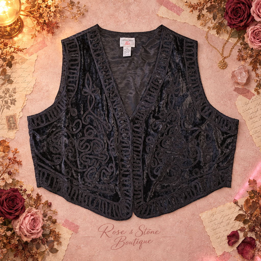 Cotton Ginny Plus black velvet soutache vest flat lay with roses and vintage scrapbook details