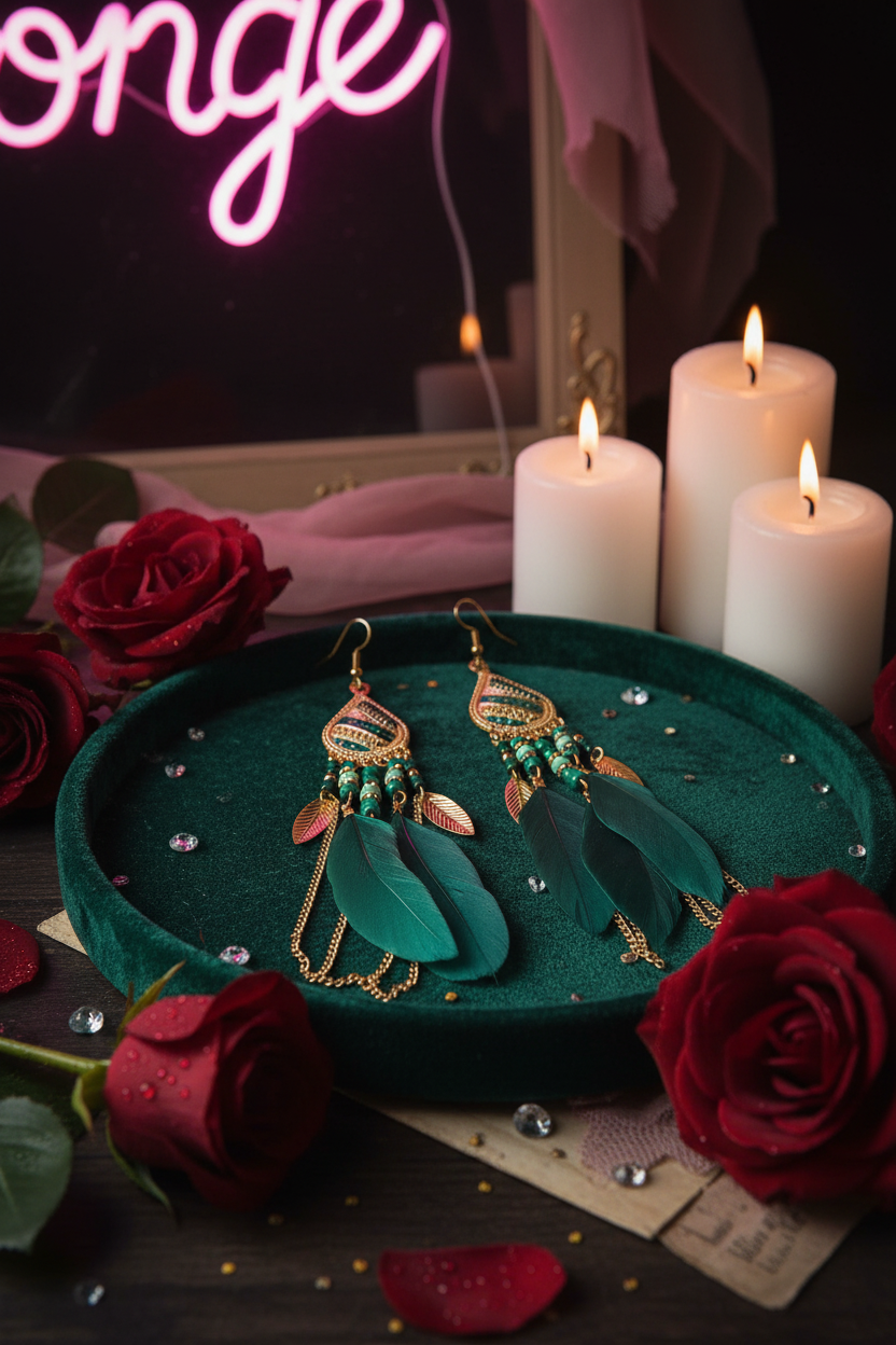 Emerald feather earrings on dark velvet tray in moody boutique setting