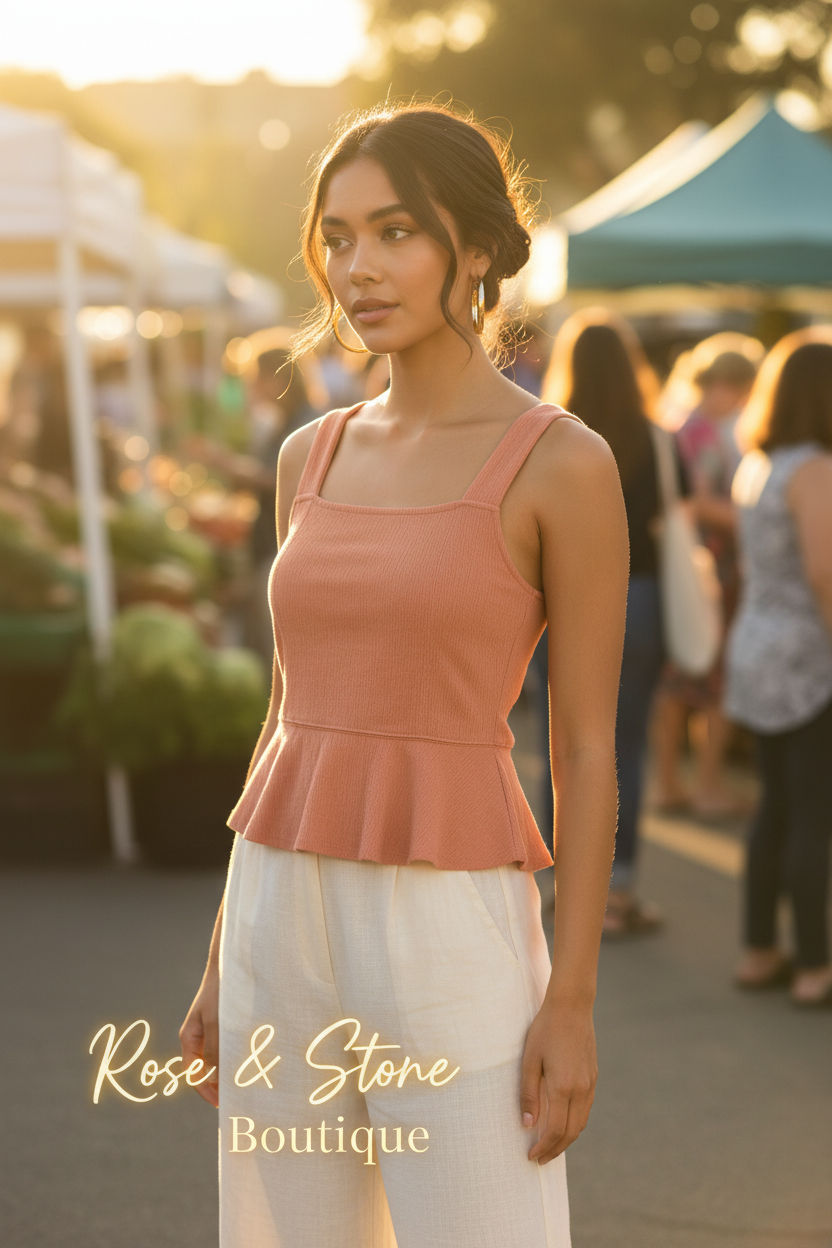 Kismet Peach Crinkle Crossback Peplum Tank — farmers market lifestyle, model 20s