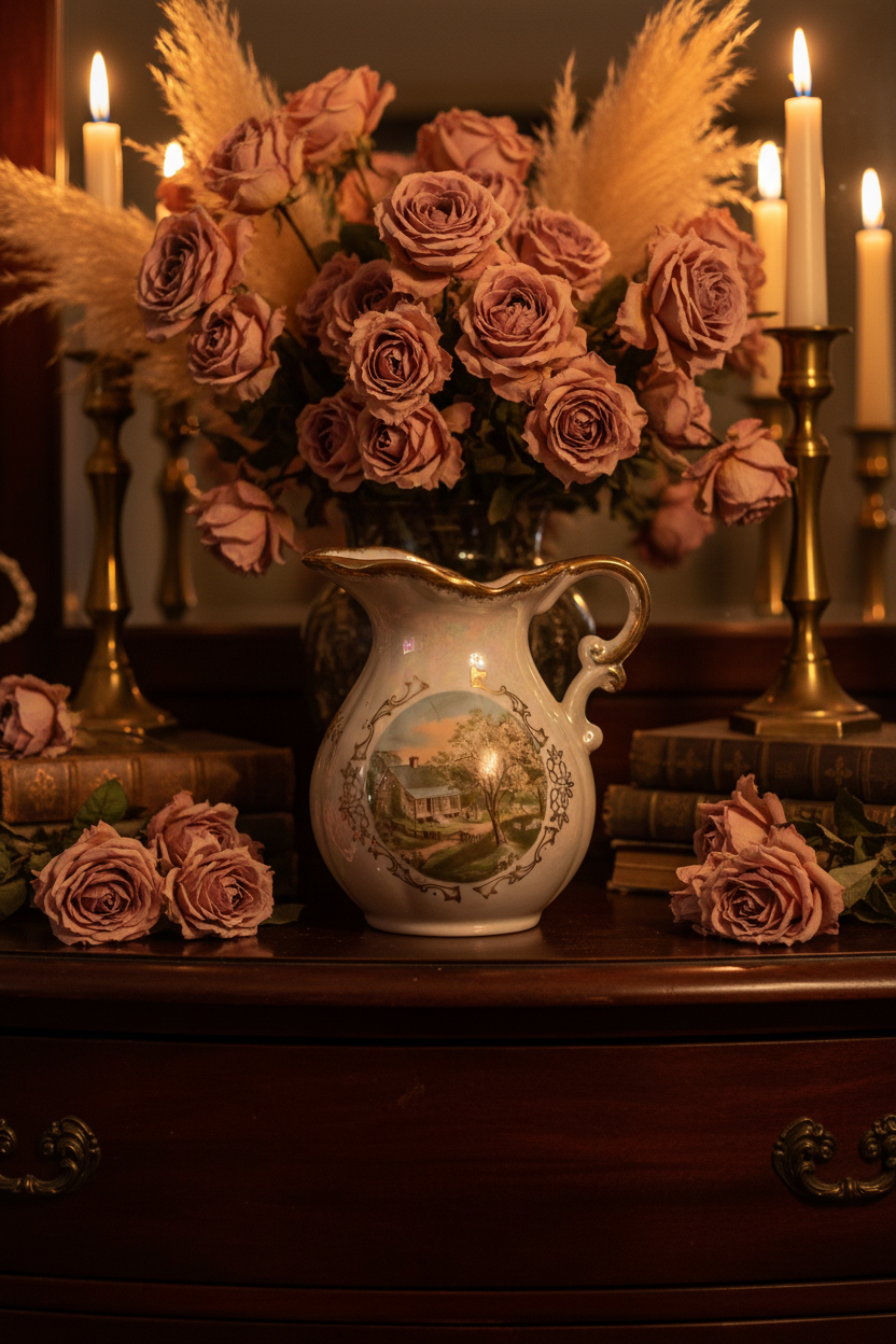 Vintage Japanese lusterware pitcher styled on a candlelit mahogany sideboard with dried roses and pampas grass