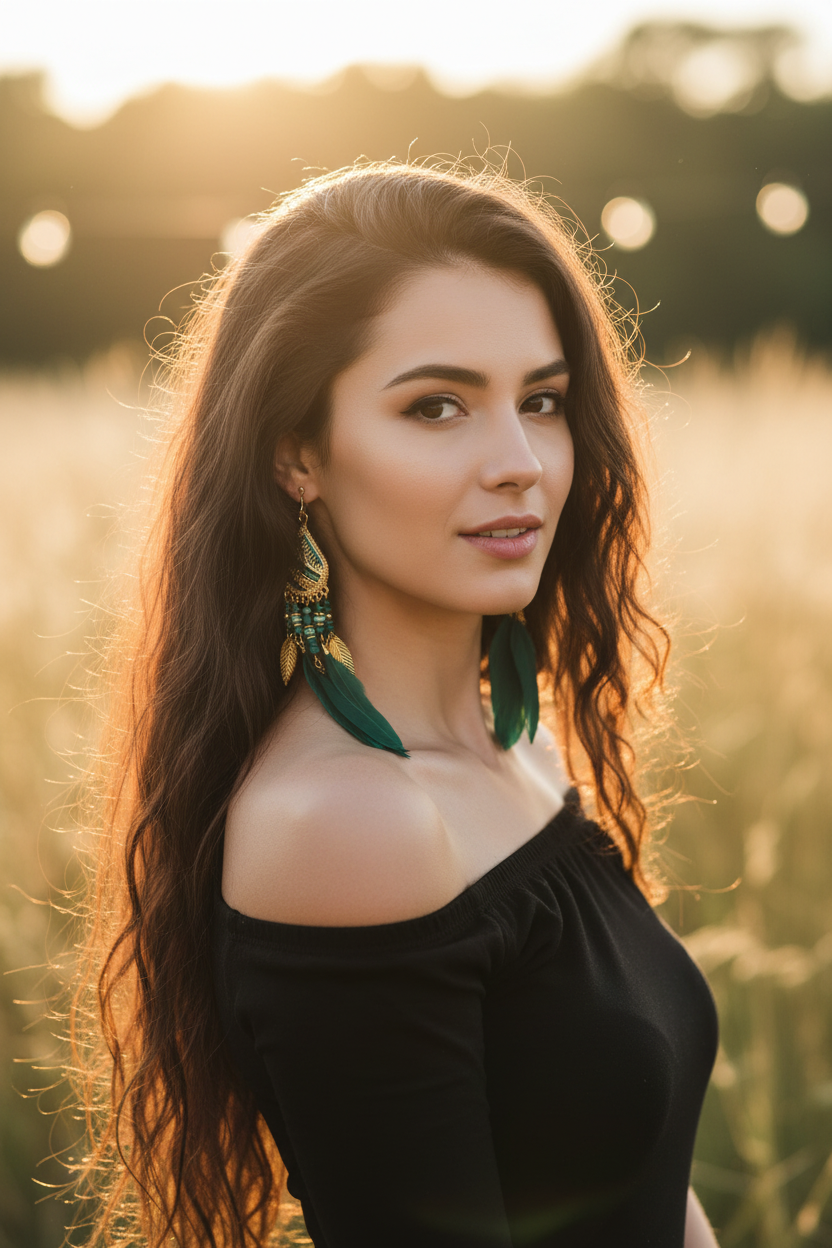 Model wearing emerald feather drop earrings outdoors at golden hour