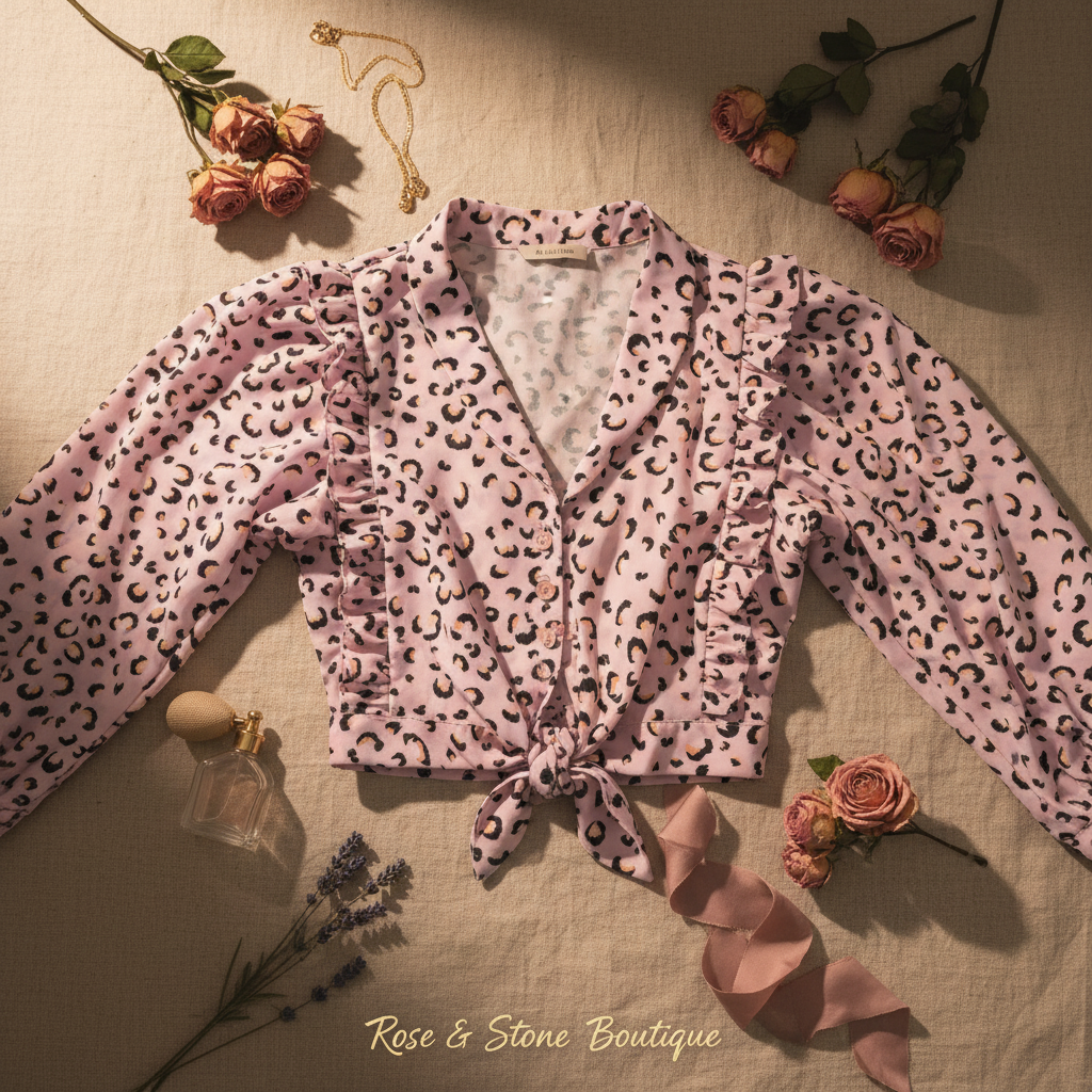 Moody cinematic hero flat lay of The Wild Bloom Blouse with rose and gold styling props
