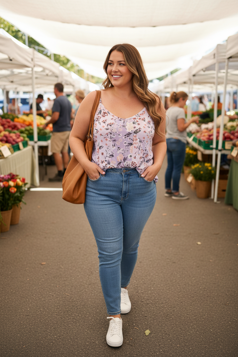 Plus size size 18 model wearing lavender floral swing cami at sunny farmers market