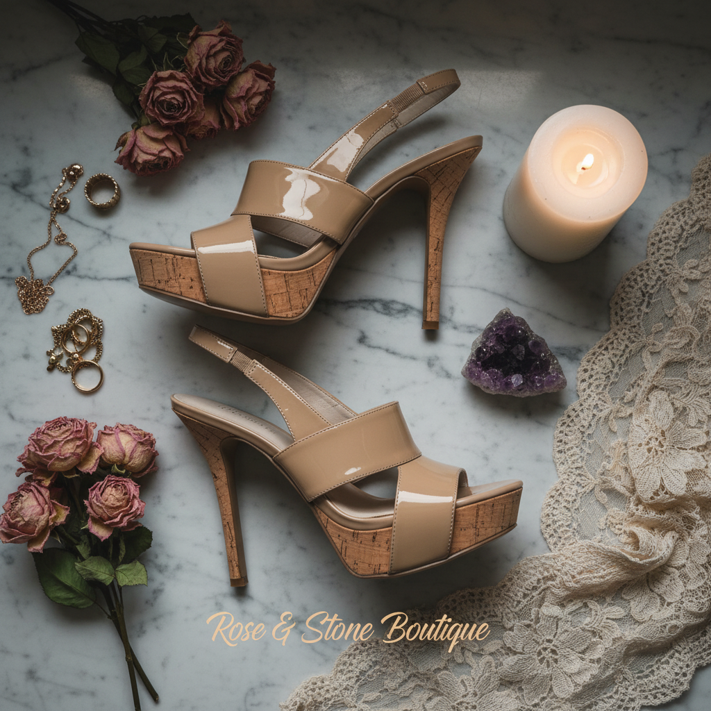 The Nude Awakening — Nine West Patent Cork Slingback Heel flat lay
